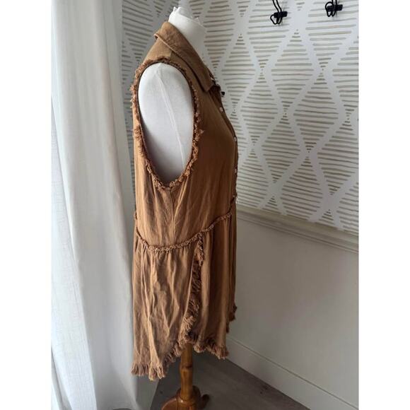 Umgee Women’s Small Brown and Leopard Print Linen Blend Tunic Top - Picture 5 of 6